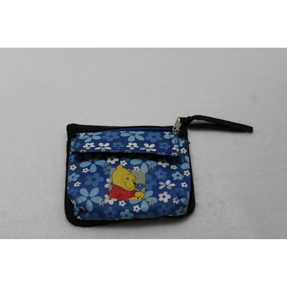 Disney Winnie the Pooh Blue Floral Nylon Zipper Pouch Belt Loop Bag Vintage